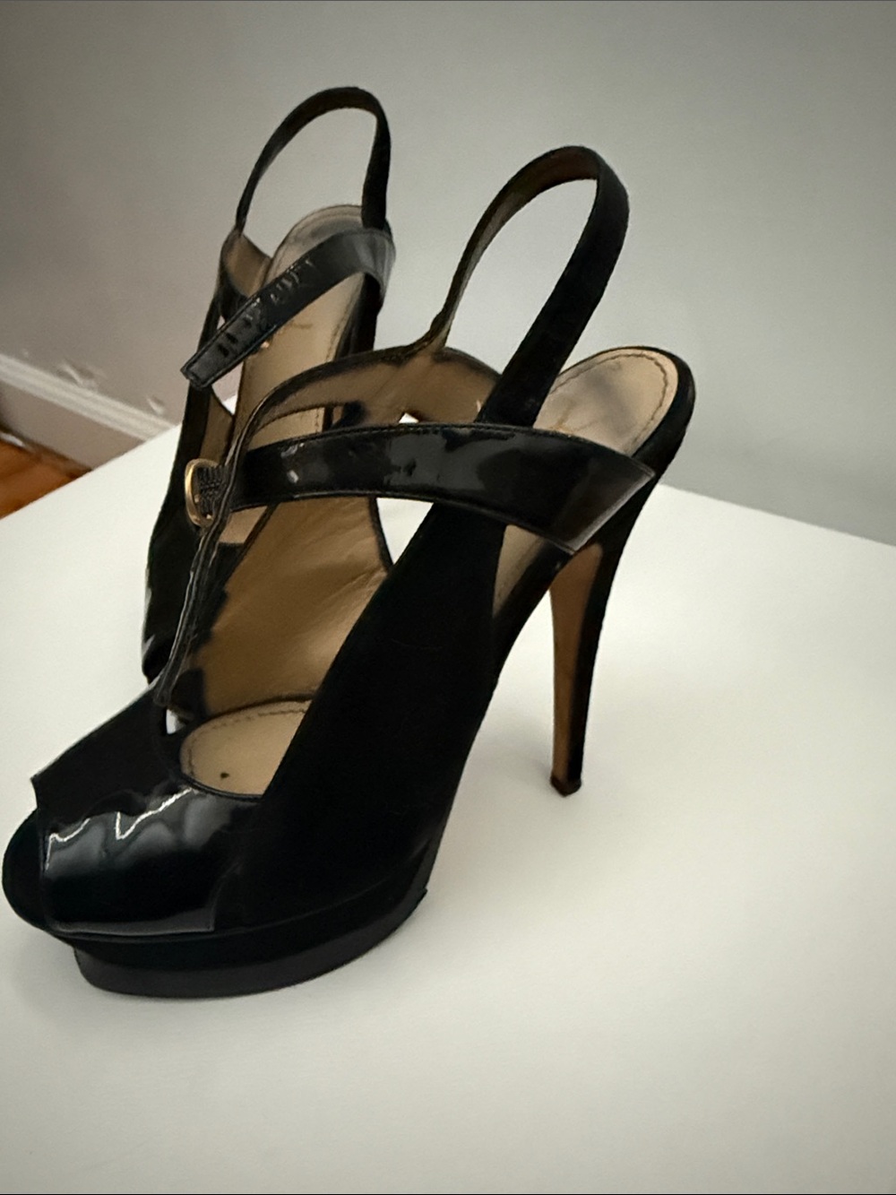 YSL Black Patent Slingback Peep-Toe High Heels Size 35.5